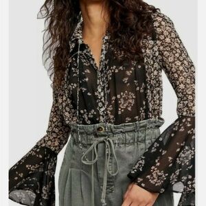 Free People Black Floral Sheer Blouse